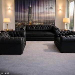 طقم كنب مكتبي جلد كابيتونيه فاخر (Chesterfield Black Sofa Set)