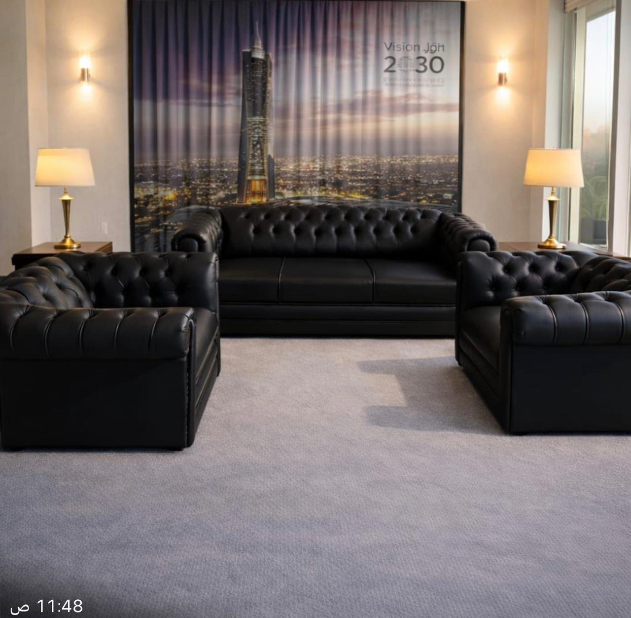 طقم كنب مكتبي جلد كابيتونيه فاخر (Chesterfield Black Sofa Set)