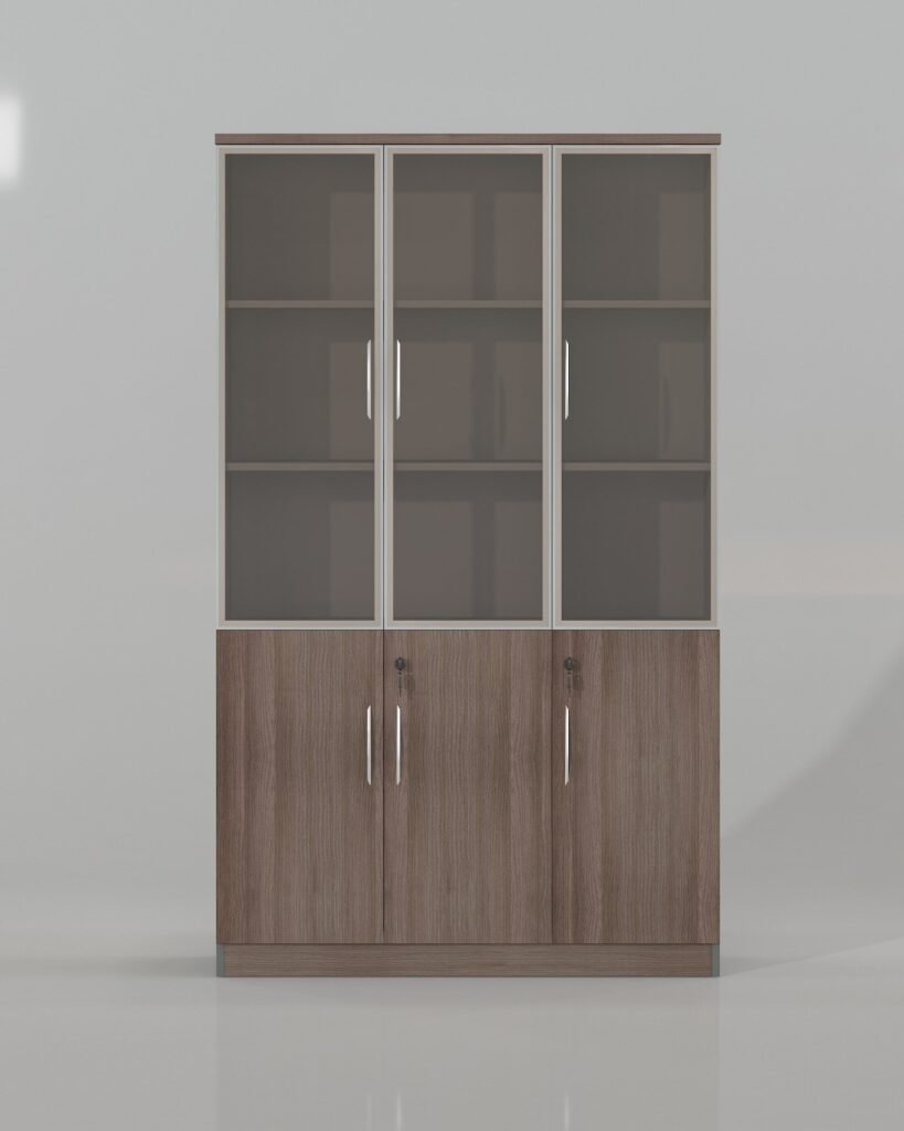 خزانة ملفات مكتبية خشبية ثلاثية الأبواب بزجاج (Three-Door Wooden Office Cabinet with Glass)