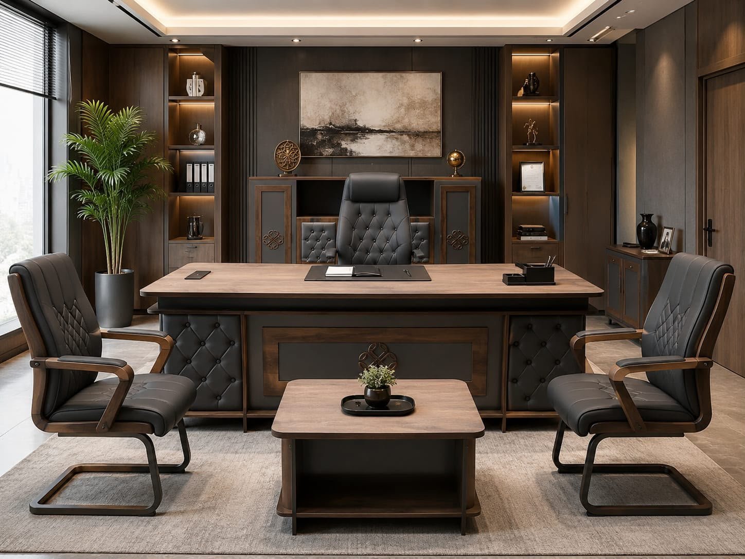 طقم مكتب تنفيذي فاخر كلاسيك مودرن بالجلد والخشب (Luxury Executive Desk Set)
