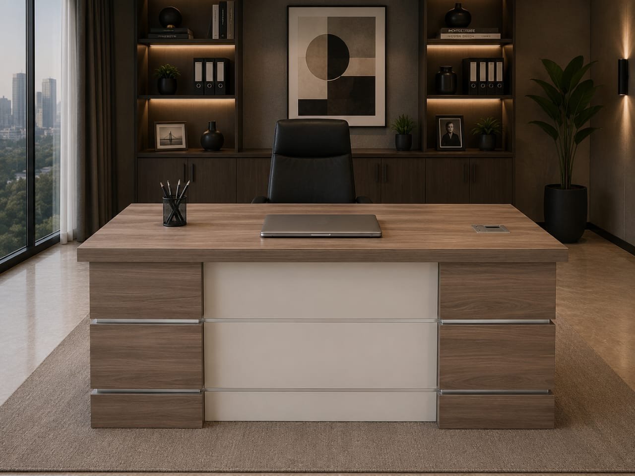 مكتب تنفيذي فخم بتصميم متناظر ووحدات جانبية (Symmetrical Executive Manager Desk)