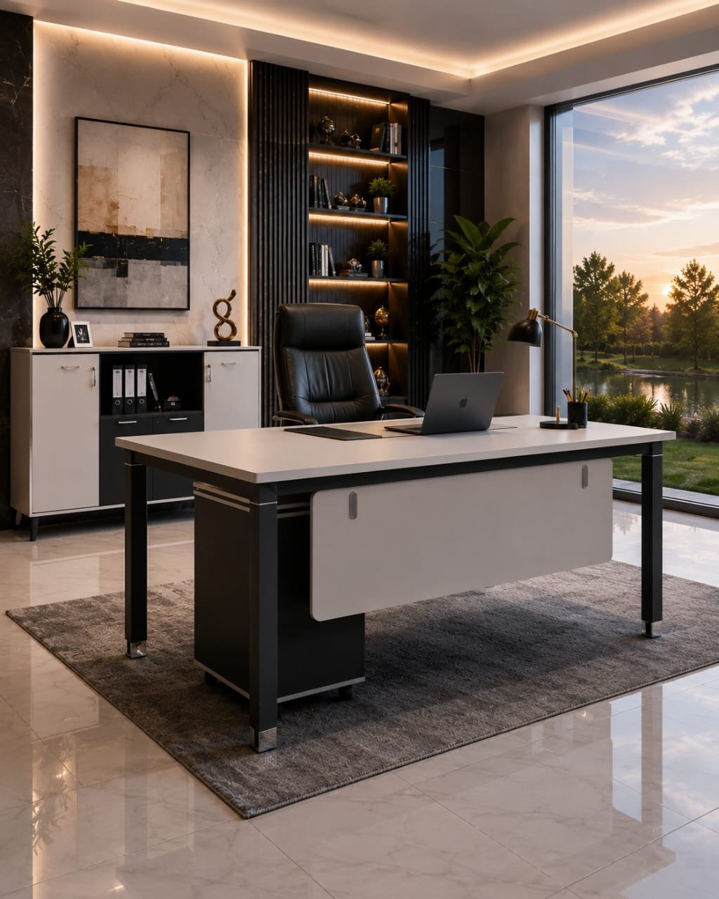 مكتب مدير عصري مودرن بسطح أبيض وهيكل معدني (Modern Minimalist Executive Desk)
